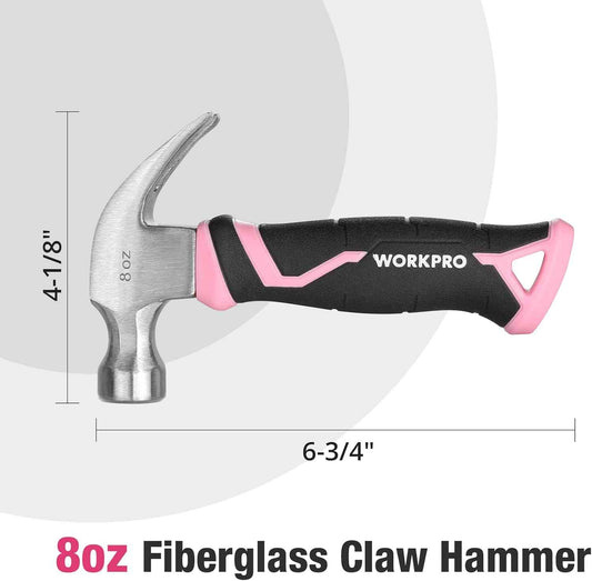 WORKPRO Pink Ribbon Claw Hammer – Stylish Tool That Doubles as Shelf Decor in Craft Room and Home Office