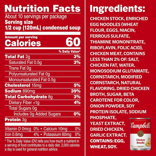 Campbell's Condensed Chicken Noodle Soup, 10.75 oz Can – No-Antibiotics Chicken Broth Lunch for Picky Eaters