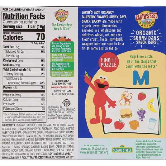 Earth's Best Organic Sesame Street Snack Bars – USDA Certified Organic Blueberry Toddler Snack, No Artificial Additives, 7 Bars