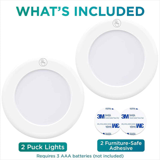 Brilliant Evolution Round LED Puck Lights – Stylish Cordless Fixtures for Floating Shelves and Vanity Counters, Pack of 2