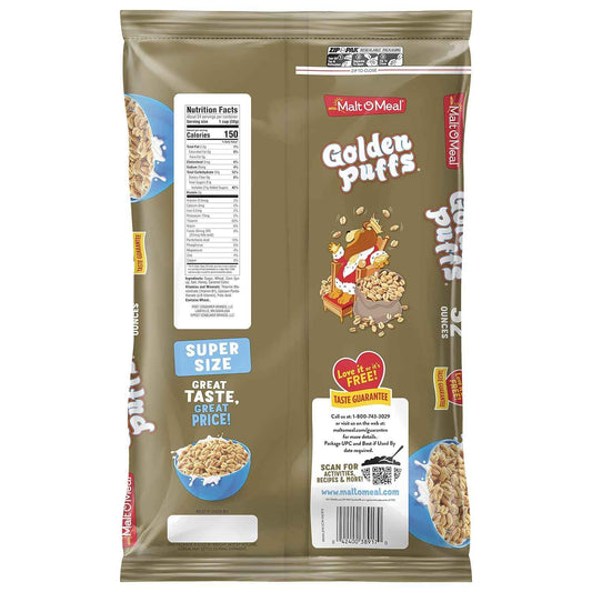 Malt-O-Meal Golden Puffs Sweetened Puffed Wheat Cereal – Simple Pantry Staple for Intentional Kitchens, 32 oz Resealable Bag