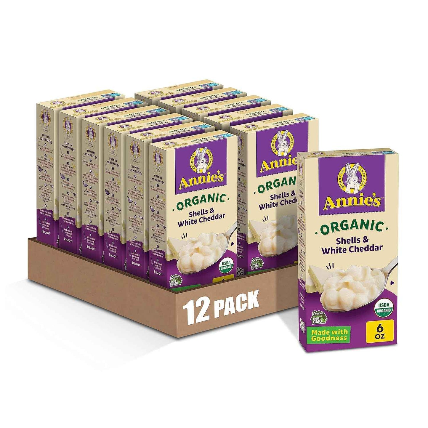 Annie's Homegrown Organic Macaroni Shells White Cheddar – Non-GMO Family Comfort Meal for Wellness-Minded Parents, Bulk 12-Pack