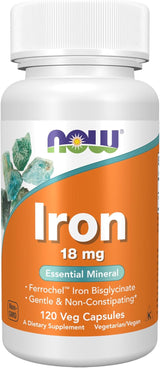 NOW Foods Iron 18 mg Ferrochel – Allergy-Friendly Vegan Iron for Sensitive Diets, 120 Vegetable Capsules
