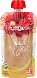Happy Baby Organics Stage 2 Baby Food Pouch – Safe, Non-Toxic Snack for Highchair Feeding and Diaper Bag Lunches, Bananas, Raspberries & Oats 4 oz