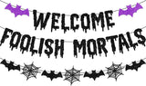 Halloween Mansion Welcome Banner – Kid-Friendly Front Porch and Garage Party Decoration, Lightweight Cardstock with Bat and Spider Motif