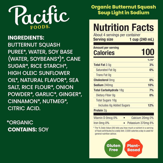 Pacific Foods Light in Sodium Organic Butternut Squash Soup – Clean-Label Pantry Staple, 32 oz Carton