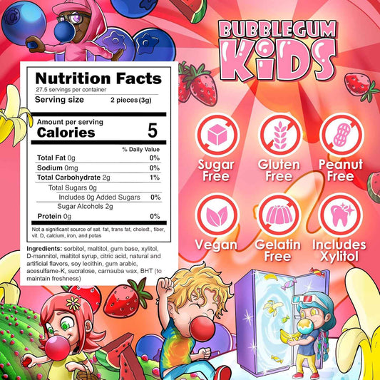 Bubblegum Kids Sugar Free Gum – Vegan and Gluten Free Gum for Mindful Snacking and Weight Management Routines