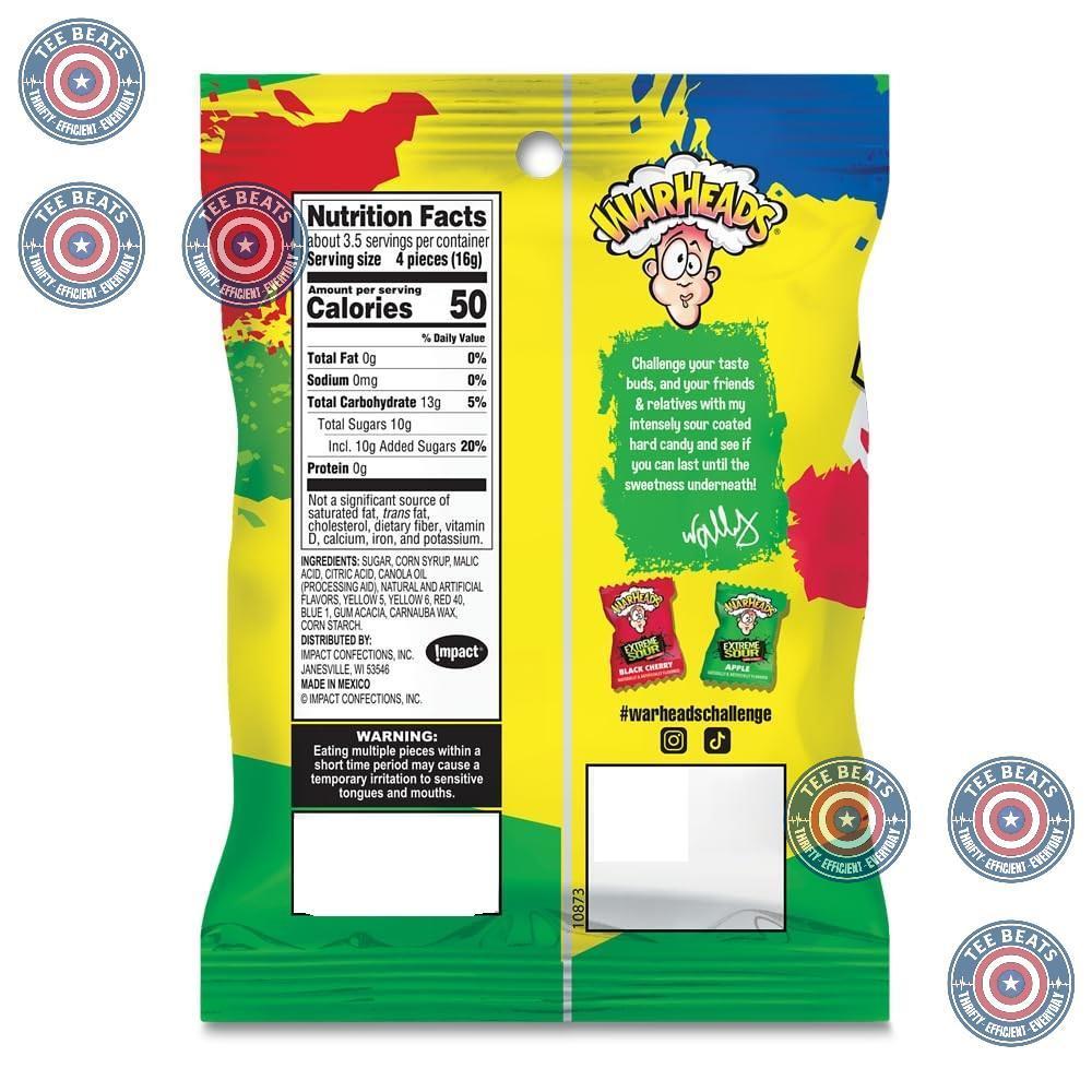 WARHEADS Sour Candy Stocking Stuffer and Care Package Snack - Assorted 5 Flavor Gift Pack - 3 Bags