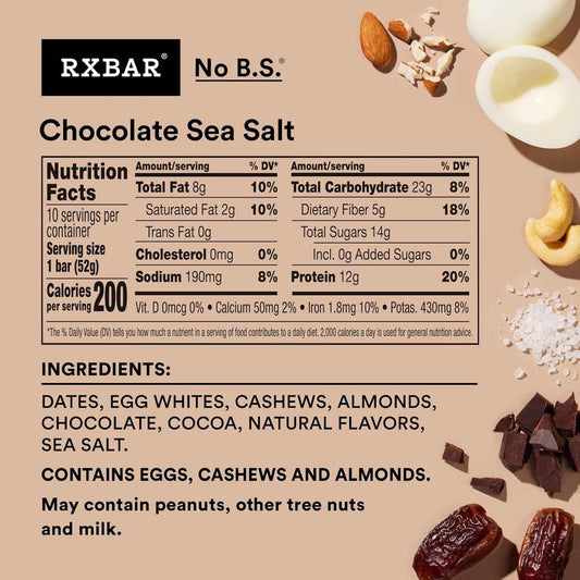 RXBAR Chocolate Sea Salt Protein Bars – Clean-Ingredient Snack for Mindful Wellness Routines, 10-Count Box