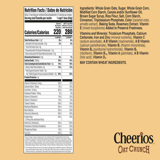 Cheerios Oat Crunch Cinnamon Breakfast Cereal – After-School Snack Straight from the Box for Hungry Kids, Family Size 24 oz
