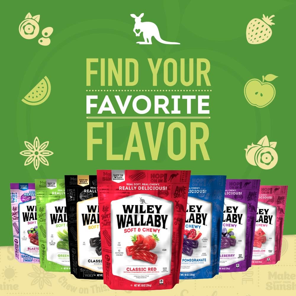 Wiley Wallaby Vegan Licorice Candy – Soft Chewy Green Apple Twists for Lunchboxes & Birthday Parties