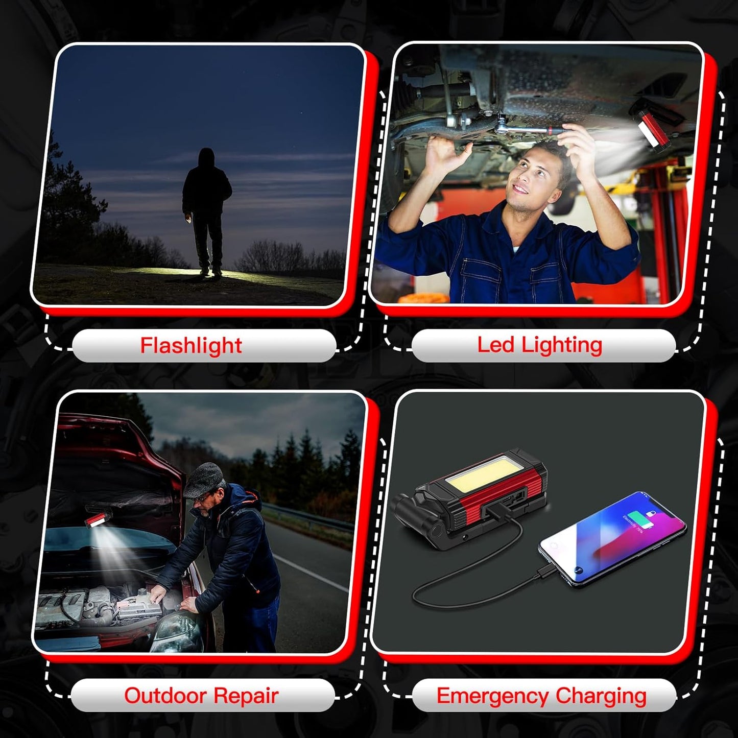 YiaMia Rechargeable LED Work Light 2 Pack – Roadside Emergency Flashlight with Red Flashing Mode and Power Bank