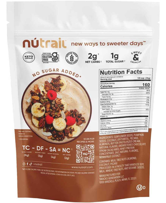 NuTrail Dark Chocolate Granola – Lunchbox Safe Low-Carb Cereal for Gluten Free Kids, No Sugar Added 8 oz