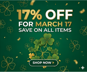 St. Patrick's Day sale banner featuring 17% off for March 17 with shamrock graphics