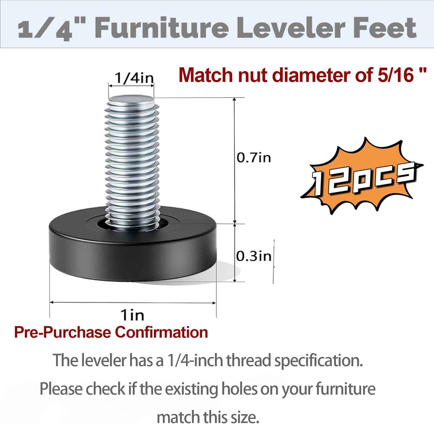 QWORK Adjustable Furniture Leg Levelers 12 Pack, Sleek Black Threaded Feet for Bedroom Dressers and Nightstands, Modern Home Upgrade