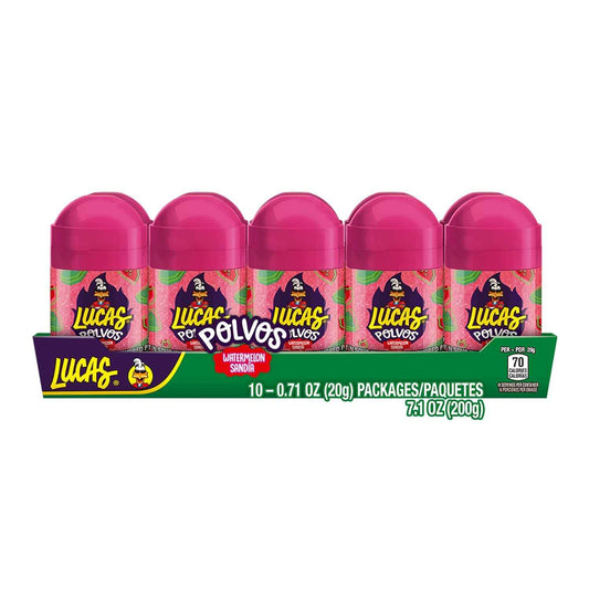 Lucas Powder Watermelon Flavored Candy – Portable Snack for Road Trips, Camping, and Park Picnics, 10 Pack of 0.71oz Bottles