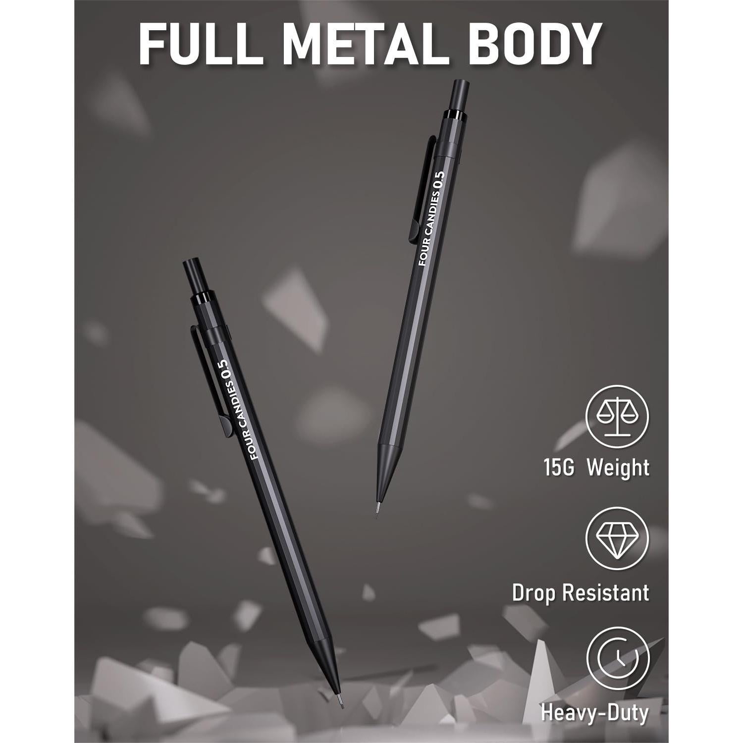 Four_Candies_Metal_Mechanical_Pencils_0.5mm,_2PCS_Mechanical_Pencils_0.5_with_Dual_Spring,_8_Tubes_HB_Lead_Refills,_2PCS_4B_Erasers_and_18PCS_Eraser_Refills,_Mechanical_Pencil_Set_for_Writing_Drawing