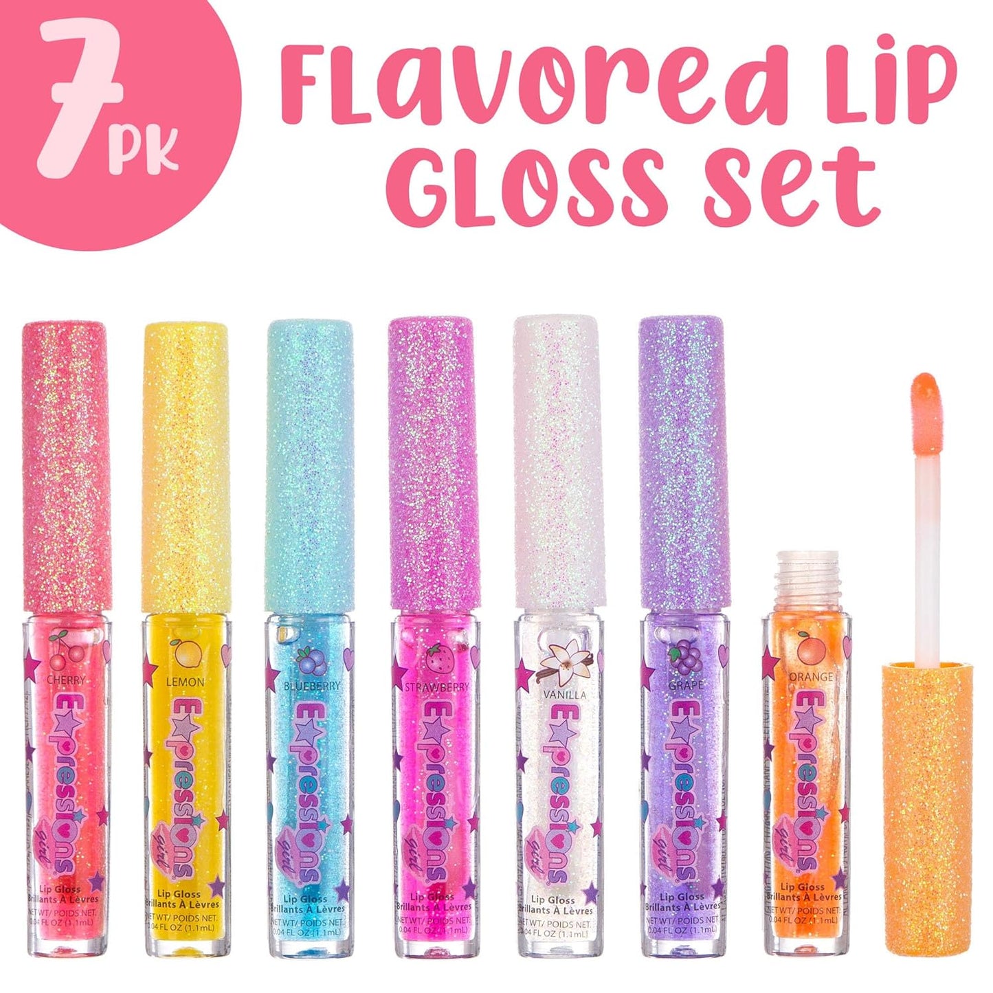 Expressions_7pc_Fruity_Flavored_Lip_Gloss_Set_-_Lip_Gloss_in_Assorted_Fruity_Flavors,_Non_Toxic_Makeup_for_Kids_&_Teens_Lipstick_Glossy_Cosmetic_Lip_Care