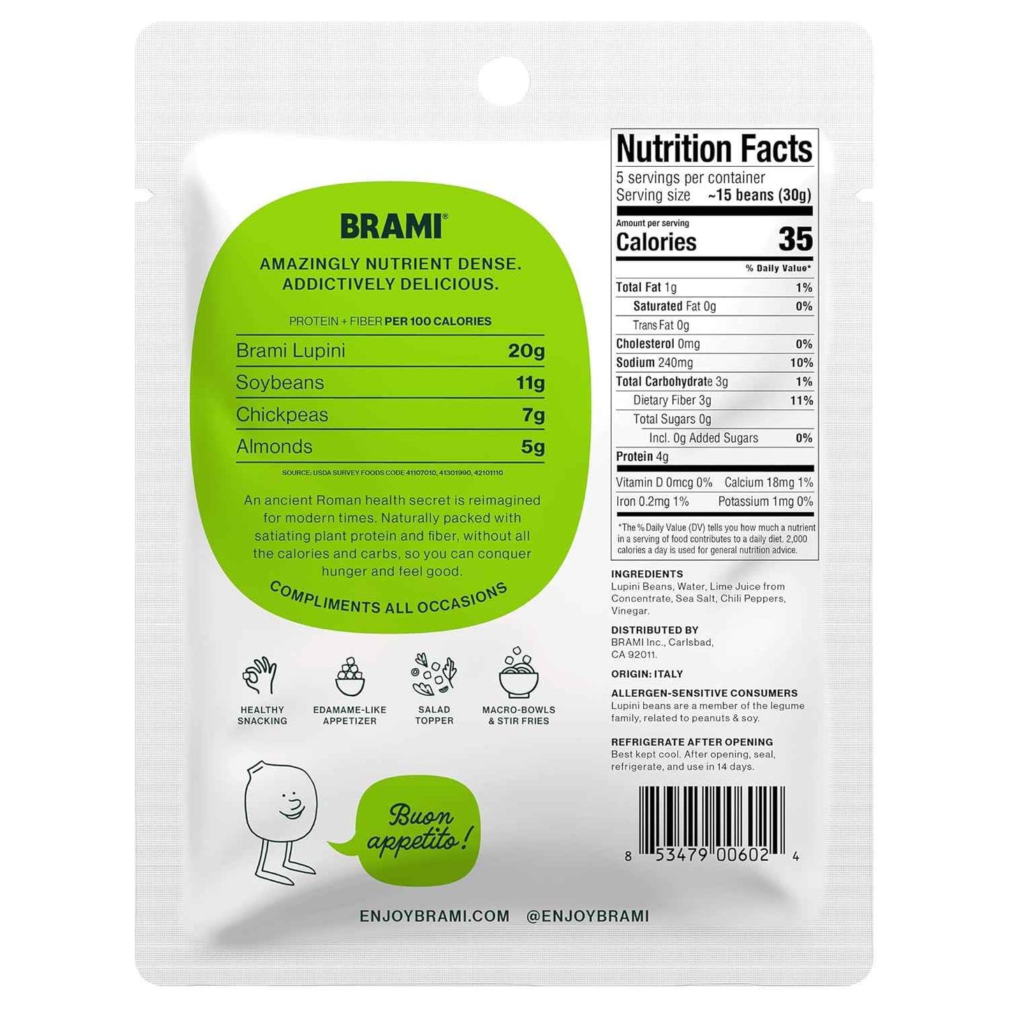 BRAMI Chili & Lime Lupini Beans – Heat-Stable Travel Snack for Hiking and Flights, 0g Net Carbs Vegan