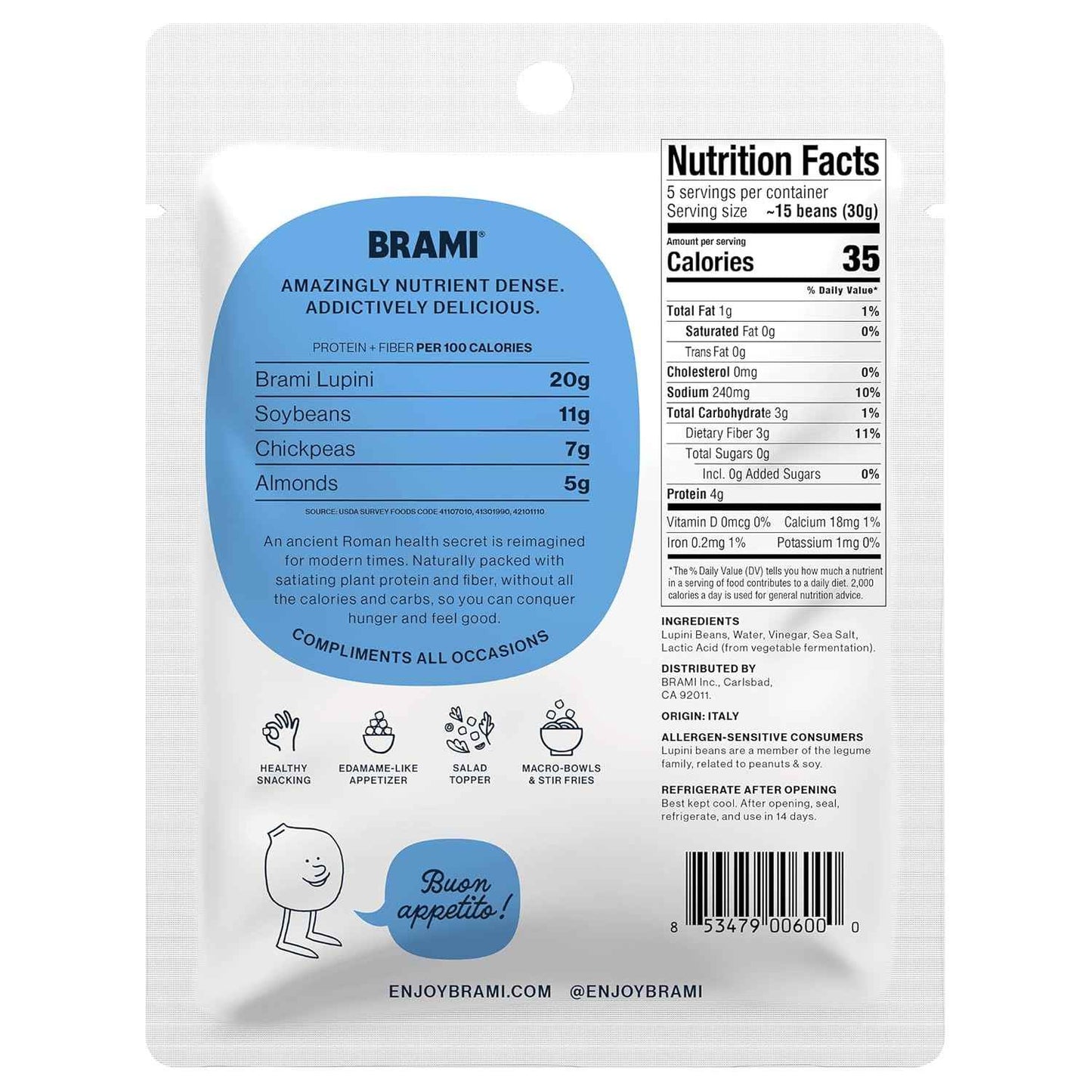 BRAMI Sea Salt Vinegar Lupini Snack – Travel Ready Non Perishable Pack for Road Trips, 5.3oz