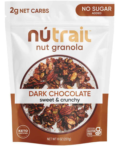 NuTrail Dark Chocolate Granola – Lunchbox Safe Low-Carb Cereal for Gluten Free Kids, No Sugar Added 8 oz