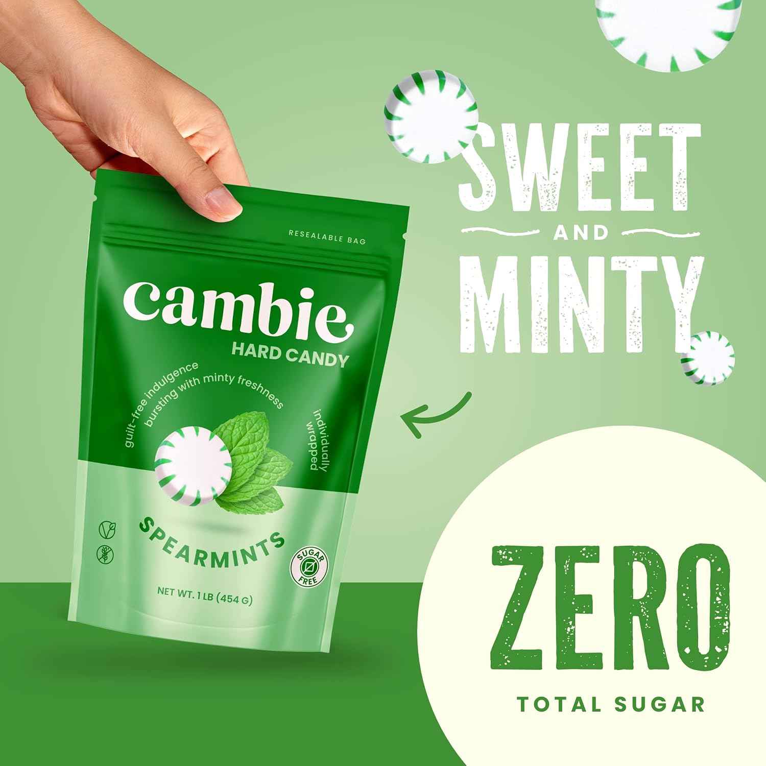 Cambie Spearmint Sugar Free Mints – Calorie-Conscious Self-Care Candy for Home Relaxation, Resealable Pouch