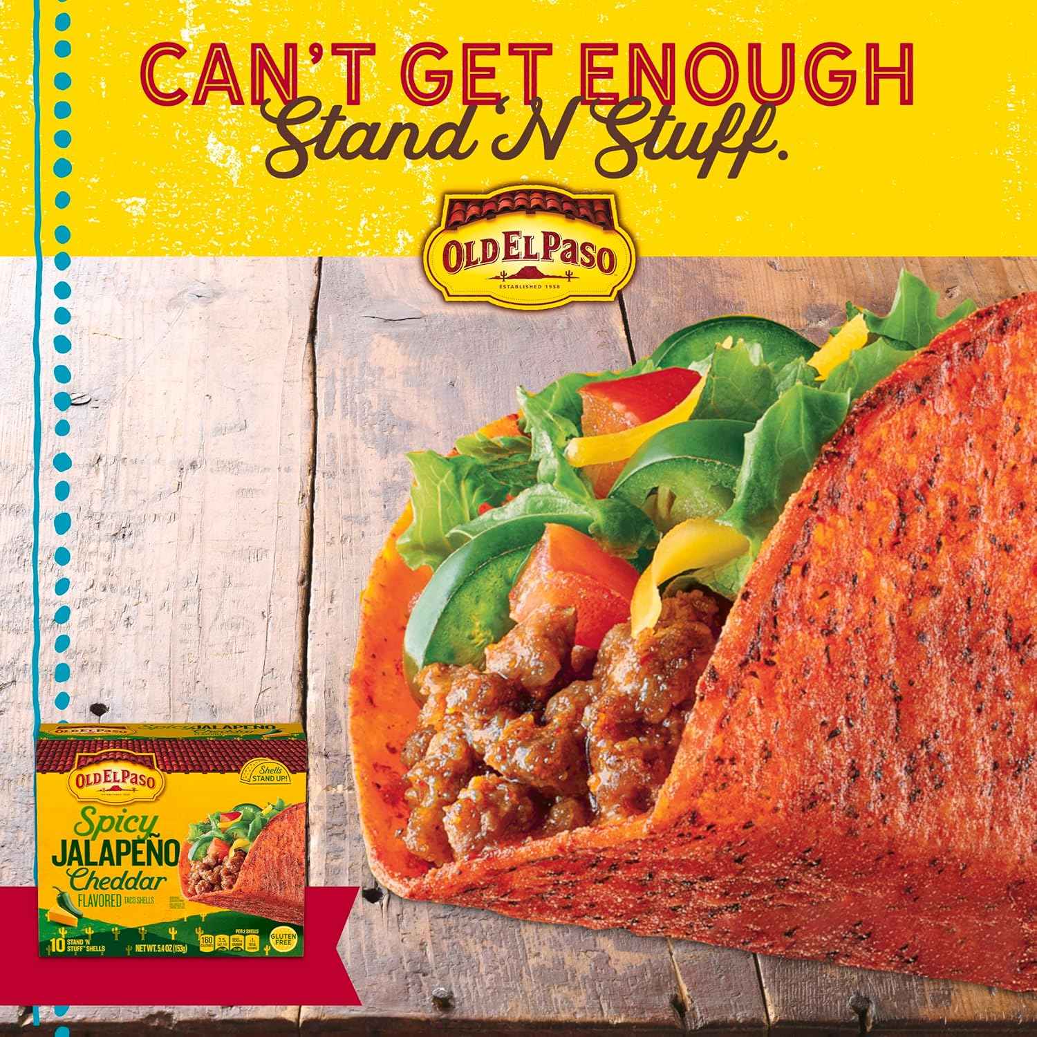 Old El Paso Stand 'N Stuff Jalapeño Cheddar Taco Shells – 5-Minute Oven-Ready Taco for Meal Prep Night