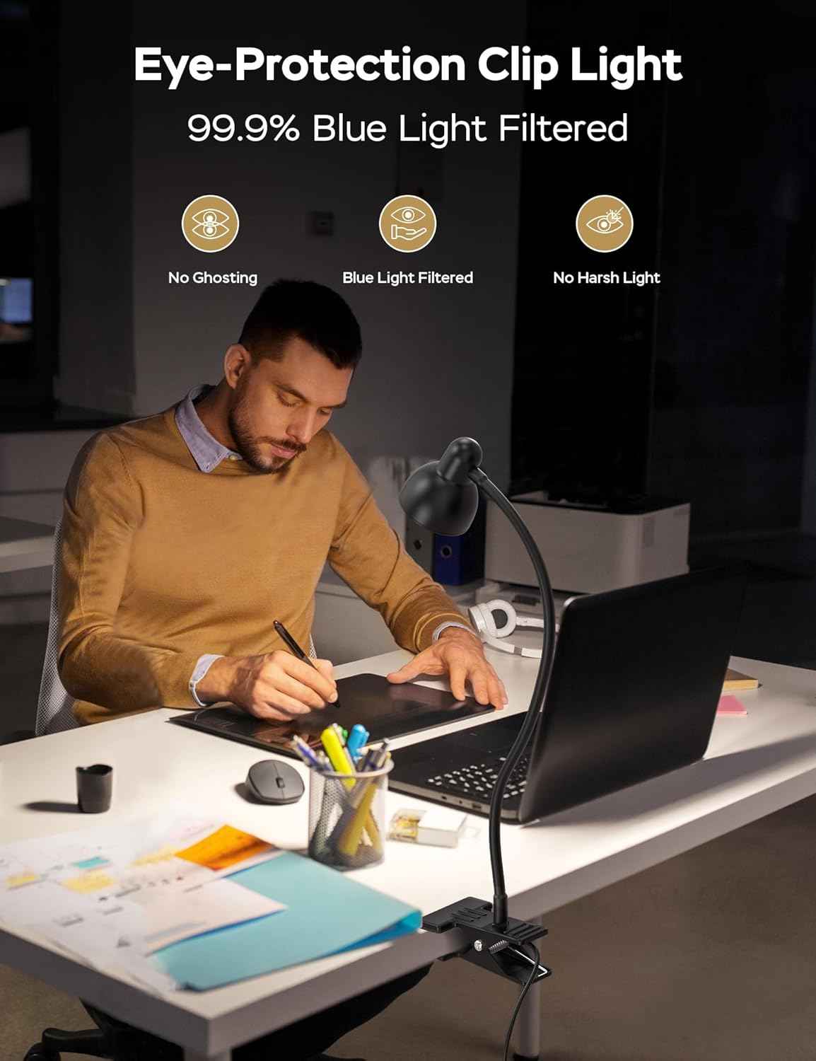 Glocusent Clip-on Desk Light - Focused Home Office Task Lamp, Flicker-Free 3 Color Modes for Late Night Work