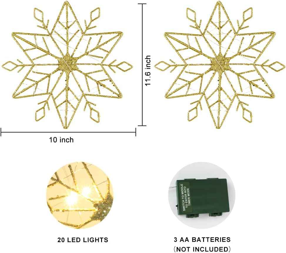 hogardeck 10-Inch Gold Glitter Snowflake Tree Topper – Vintage Inspired Living Room Christmas Centerpiece with 20 LED Lights