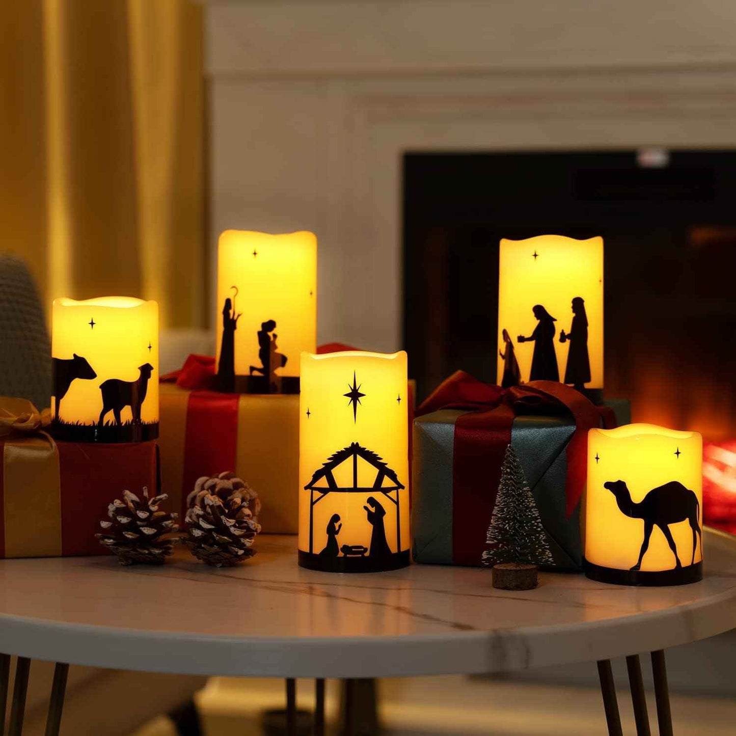 Homemory Flameless Nativity Pillar Candles - Child and Pet Safe LED Christmas Decor with Auto-Off Timer, 5 Pack