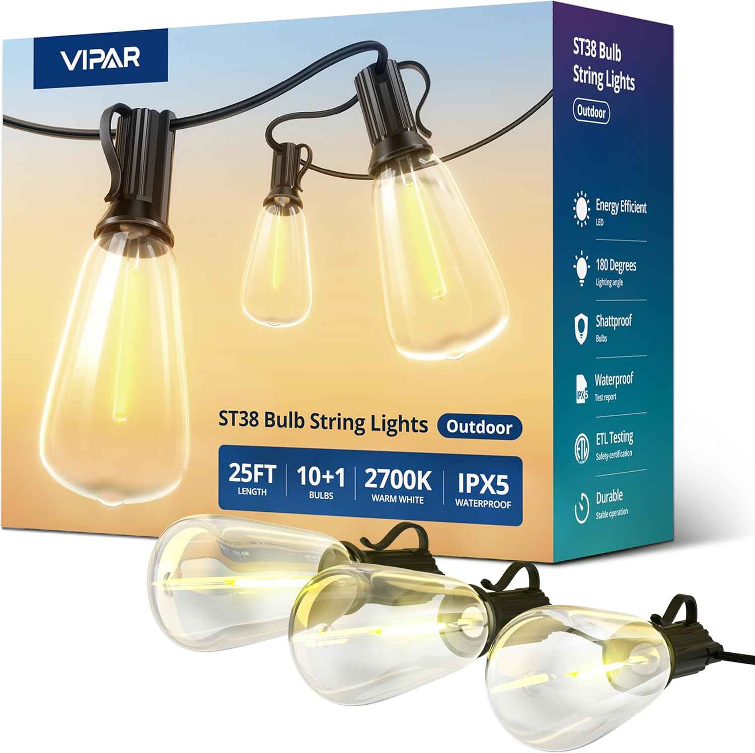 VIPAR Shatterproof String Lights – Cool-Touch ST38 LED Bulbs Safe for Kids, Pets, and Family Backyards