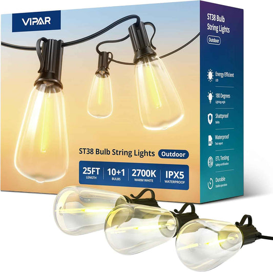 VIPAR Shatterproof String Lights – Cool-Touch ST38 LED Bulbs Safe for Kids, Pets, and Family Backyards