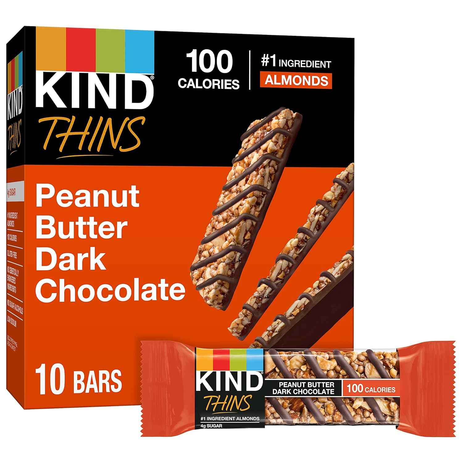 KIND THINS Peanut Butter Dark Chocolate Bars – Gluten Free Lunchbox Snack for School Sensitive Kids, 10 Individually Wrapped Bars