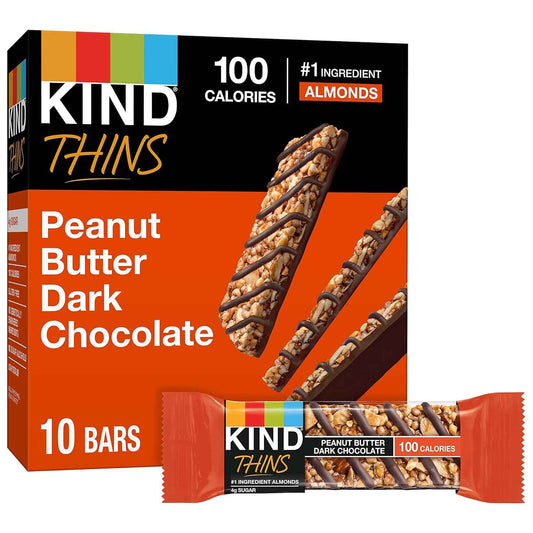 KIND THINS Peanut Butter Dark Chocolate Bars – Gluten Free Lunchbox Snack for School Sensitive Kids, 10 Individually Wrapped Bars