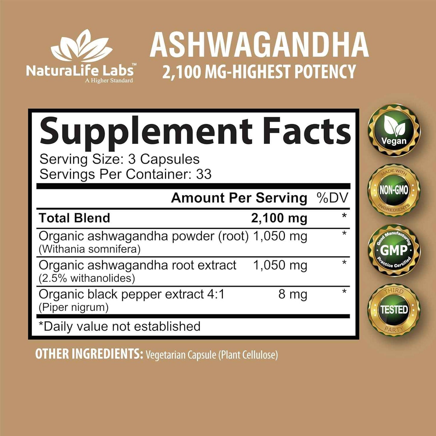 NaturaLife Labs Ashwagandha 2100 mg – Caffeine Alternative for Morning Focus and Sustained Workday Energy