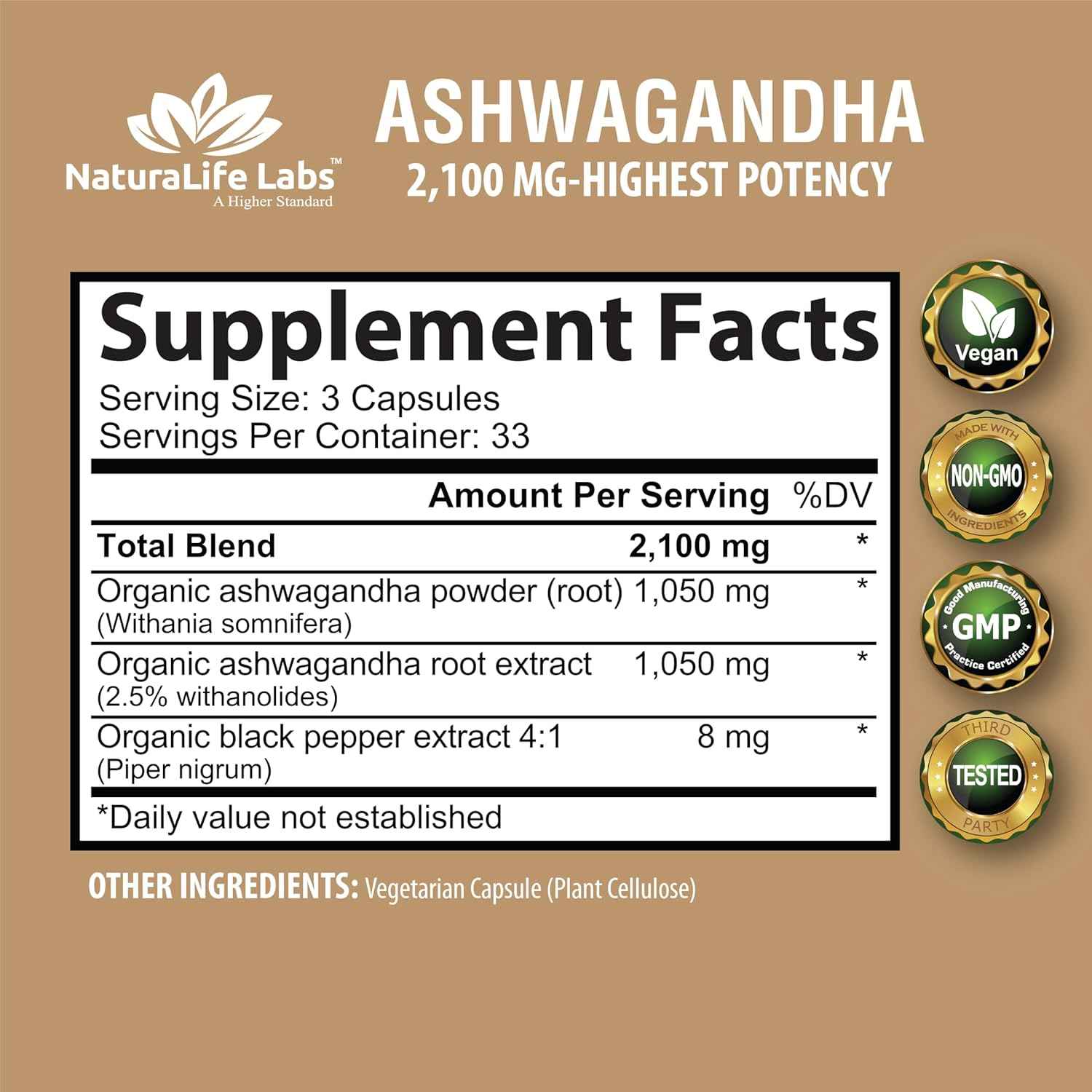 NaturaLife Labs Ashwagandha 2100 mg – Caffeine Alternative for Morning Focus and Sustained Workday Energy