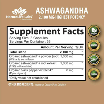 NaturaLife Labs Ashwagandha 2100 mg – Caffeine Alternative for Morning Focus and Sustained Workday Energy
