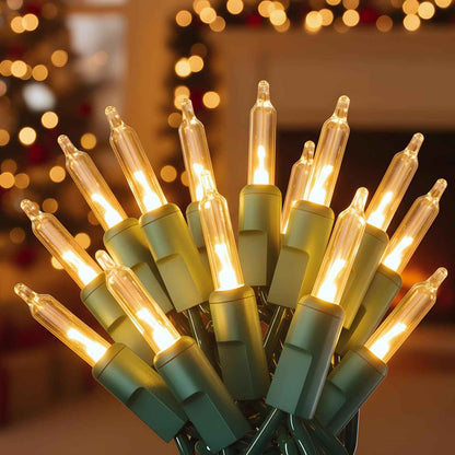 PREXTEX 100 Count Incandescent Clear Lights – Living Room Holiday Decor with Green-Coated Wire That Blends Into Branches and Mantels