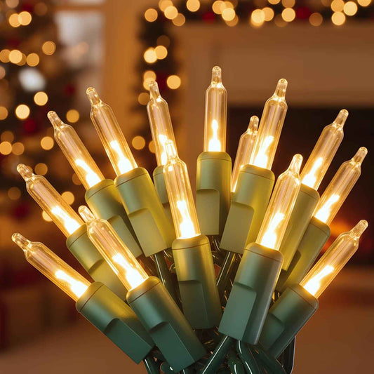 PREXTEX 100 Count Incandescent Clear Lights – Living Room Holiday Decor with Green-Coated Wire That Blends Into Branches and Mantels