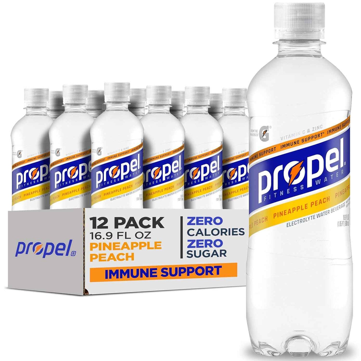Propel Immune Support Water – Desk-Side Hydration for Focused Workdays in the Home Office, Pine Peach 12 Pack