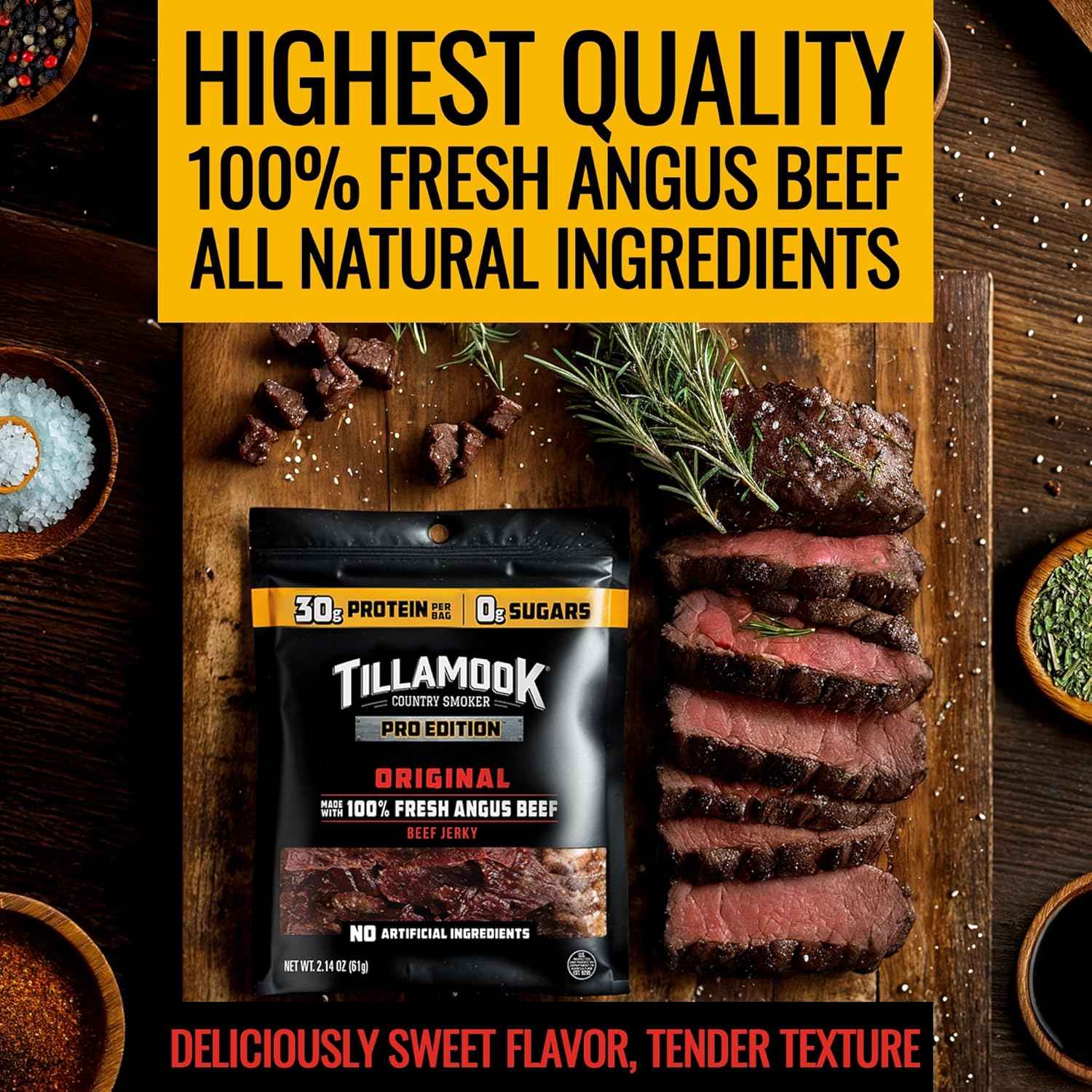 Tillamook Country Smoker PRO Edition Beef Jerky, Real Hardwood Smoked Angus, 2.14 Oz Gluten Free Low Carb Snack for Macro-Tracking and Mindful Nutrition