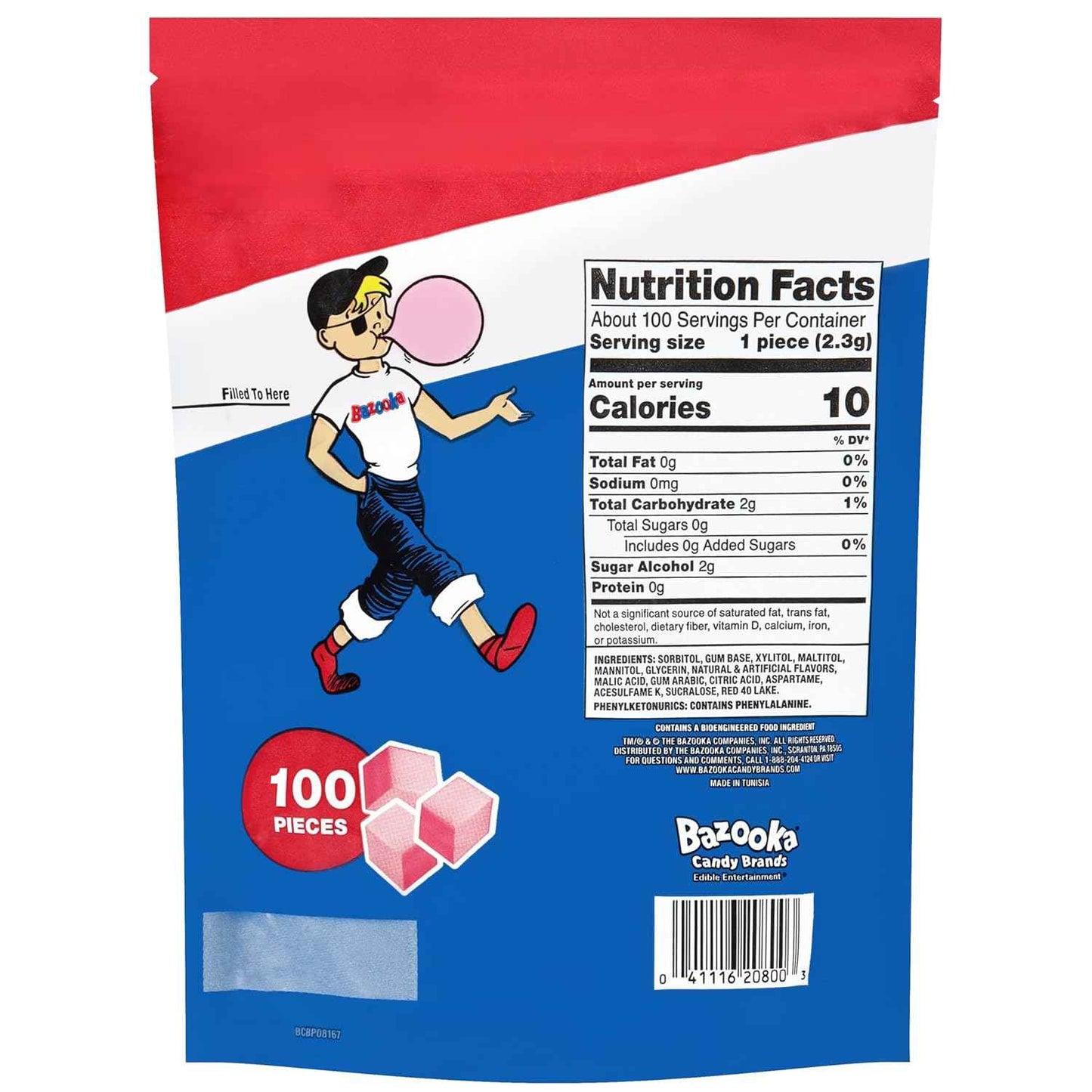 Bazooka Bubble Gum Sugar-Free Chewing Gum – Safe Little League Dugout Snack for Baseball Team Parents, 100-Ct Resealable Pouch