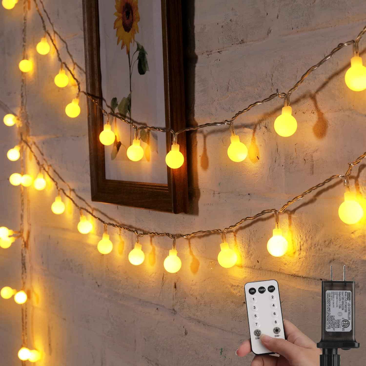 Minetom Globe String Lights – Patio & Garden Ambient Lighting for Outdoor Dining, 33ft 100 LED IP44 Waterproof Plug-in Fairy Lights with Remote