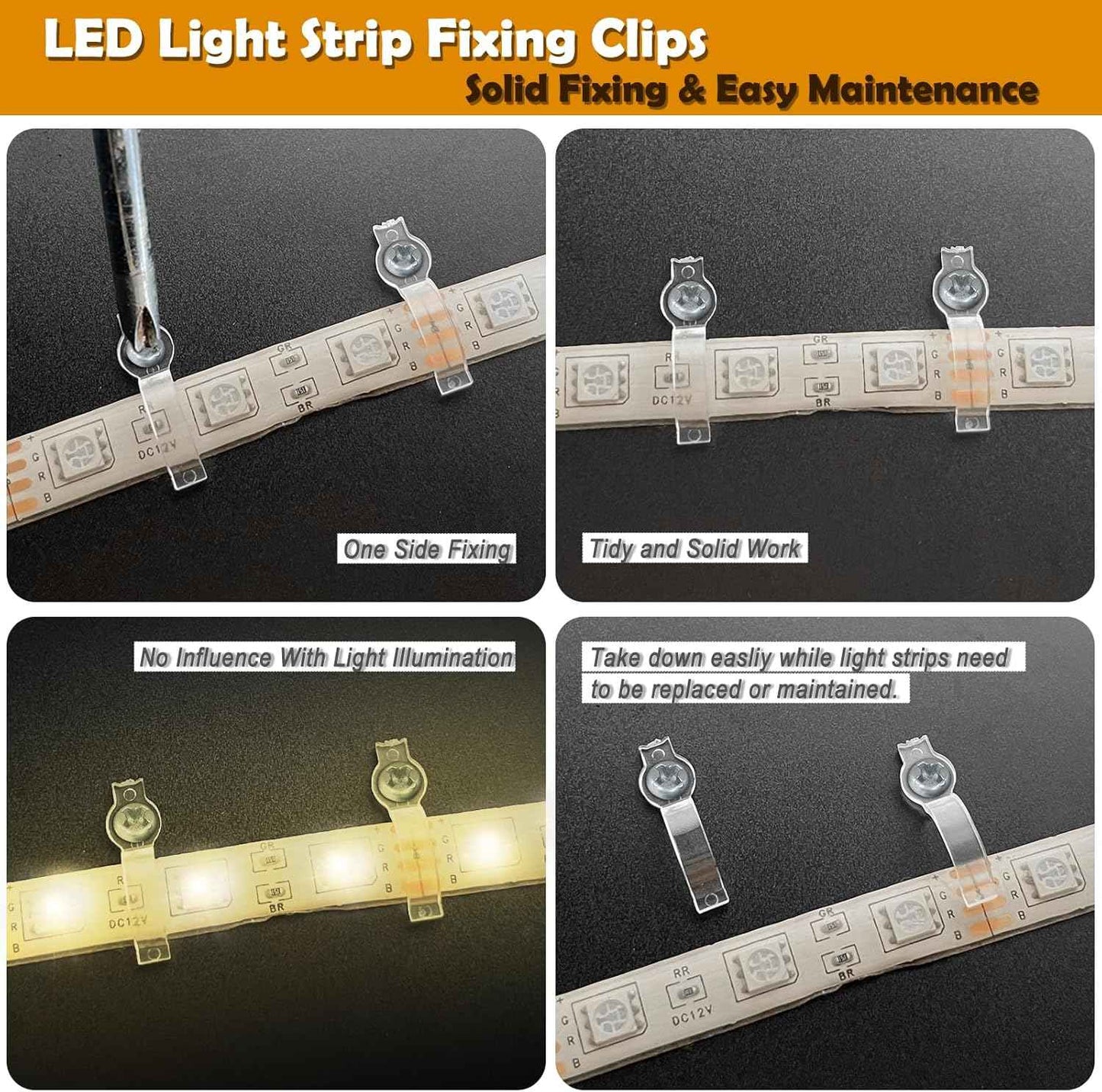LuminEdge Strip Light Fixing Clips – Living Room Cove and Shelf LED Mounting Hardware, 100 Clear Brackets