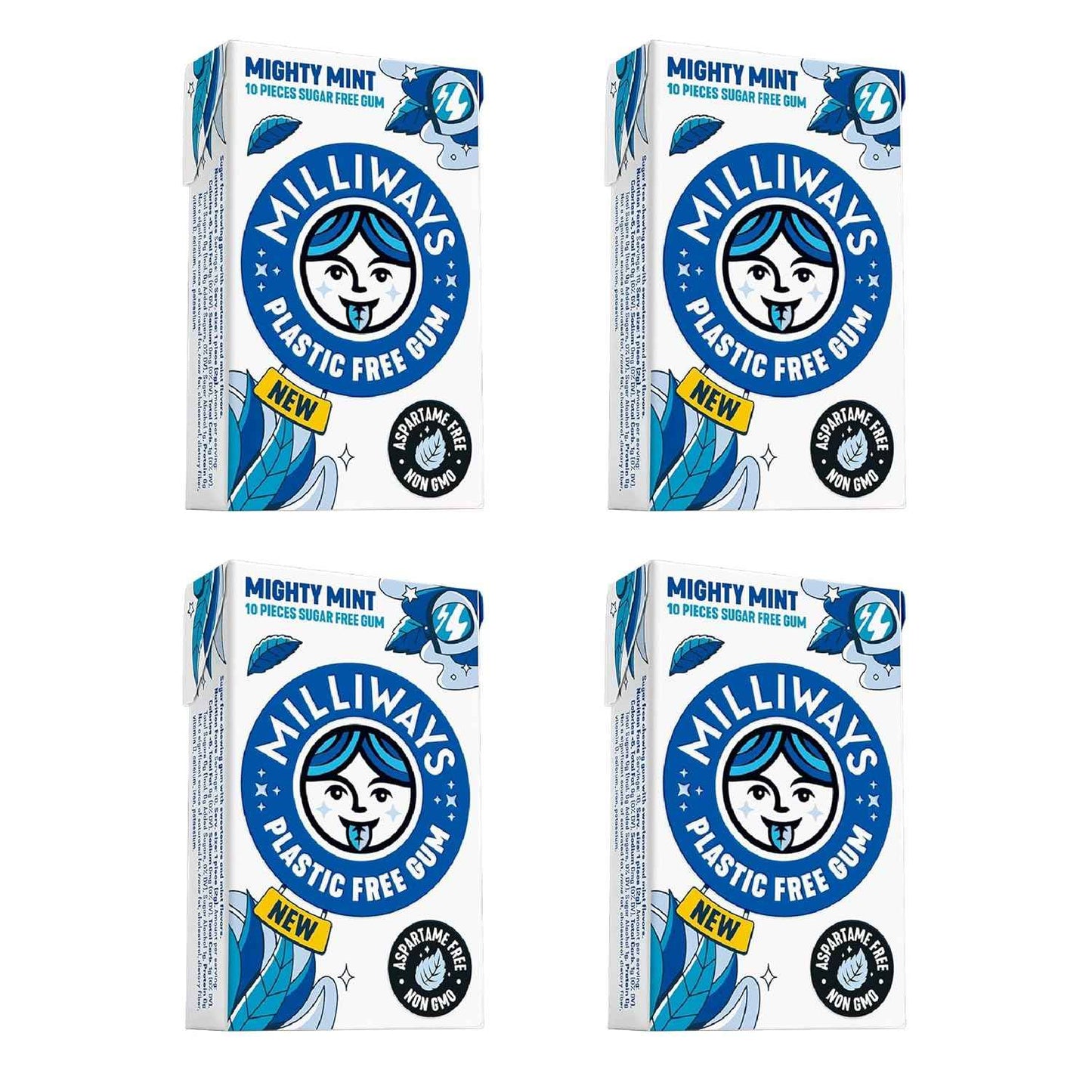 Milliways Mighty Mint | Portable Chewing Gum for Hiking and Camping, Xylitol Plastic Free 4 Pack