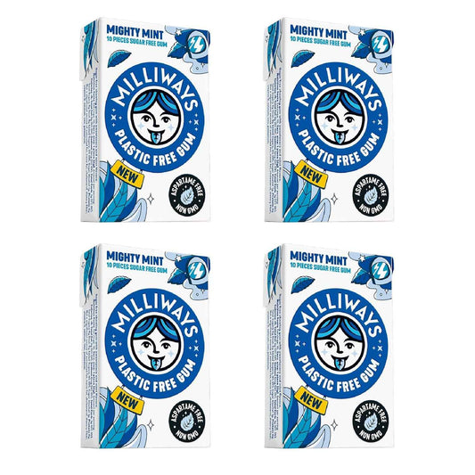Milliways Mighty Mint | Portable Chewing Gum for Hiking and Camping, Xylitol Plastic Free 4 Pack