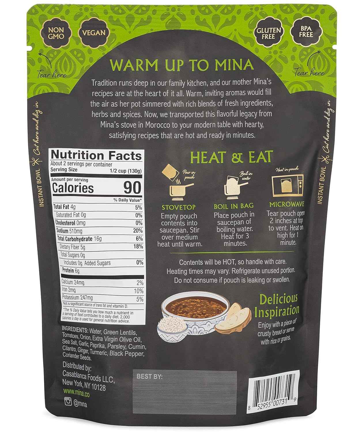 Mina Moroccan Lentils – Simple Single-Ingredient Pantry Meal, Clean-Label Vegan Pouch