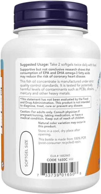 NOW Supplements Omega-3 180 EPA / 120 DHA Simple Daily Heart Supplement, 100 Softgels