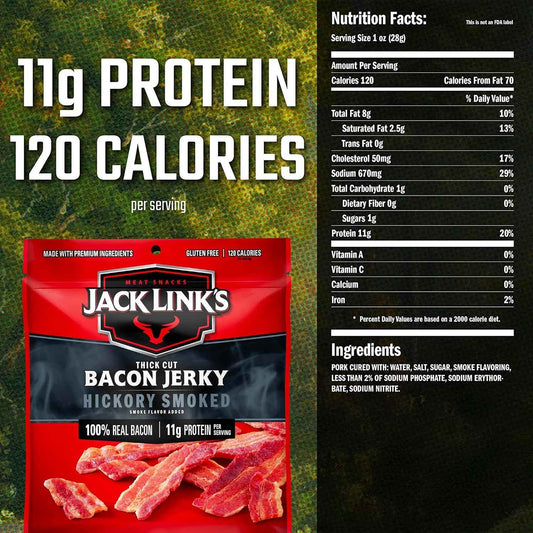 Jack Link's Bacon Jerky, Hickory Smoked – Portable Protein Snack for Hunting Blind and Camping Trip Lunches
