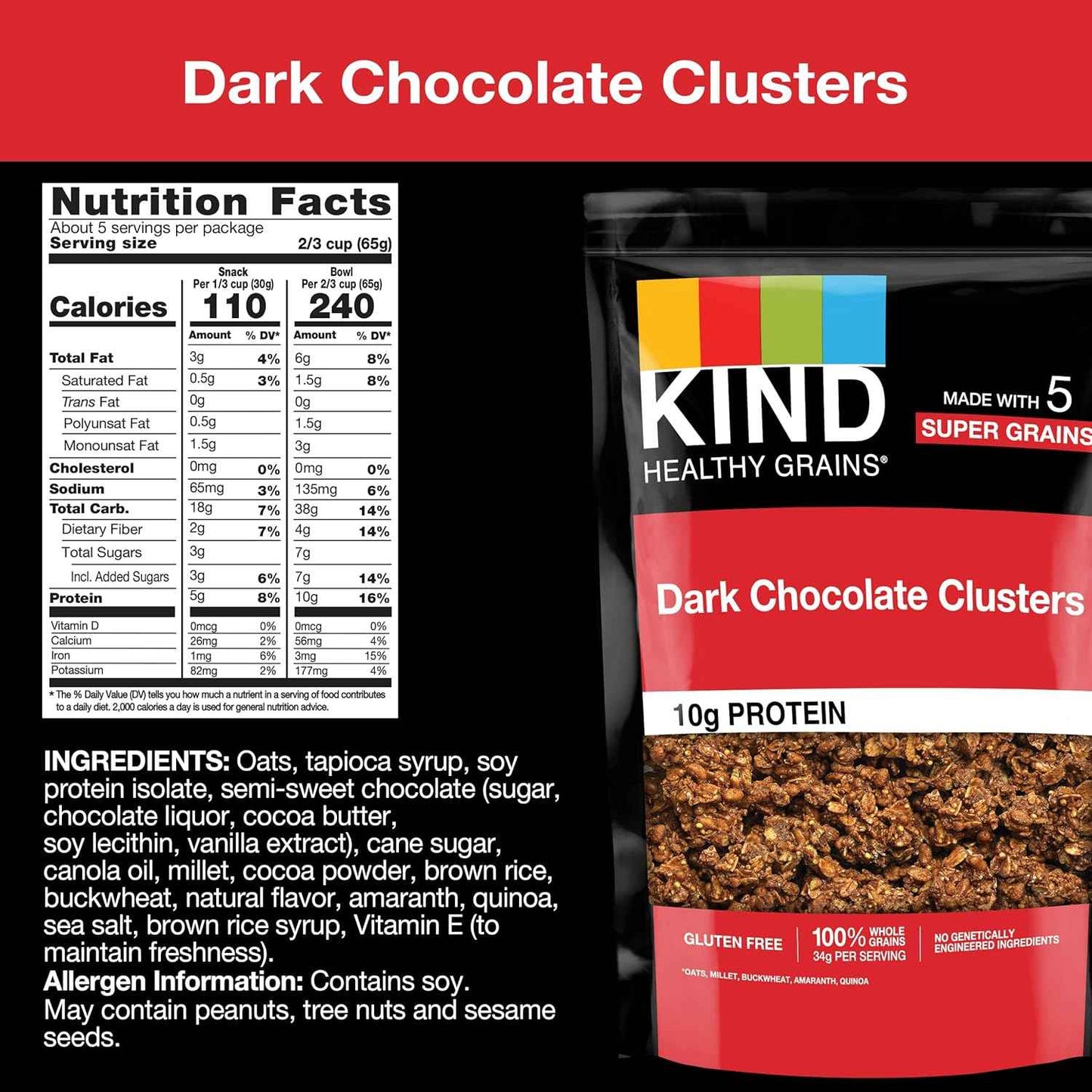 KIND Healthy Grains Dark Chocolate Granola – Gluten Free Lunch Box Snack for School, Resealable Bag for Freshness